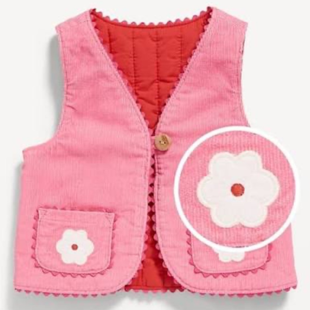 Old Navy Pink Corduroy Vest with Floral Pokets